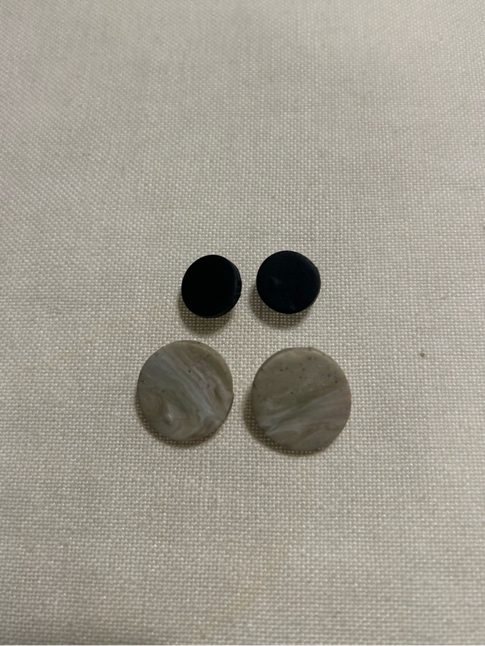 Round Two-Pair Clay Stud Earrings Set in Black and Marble Gray